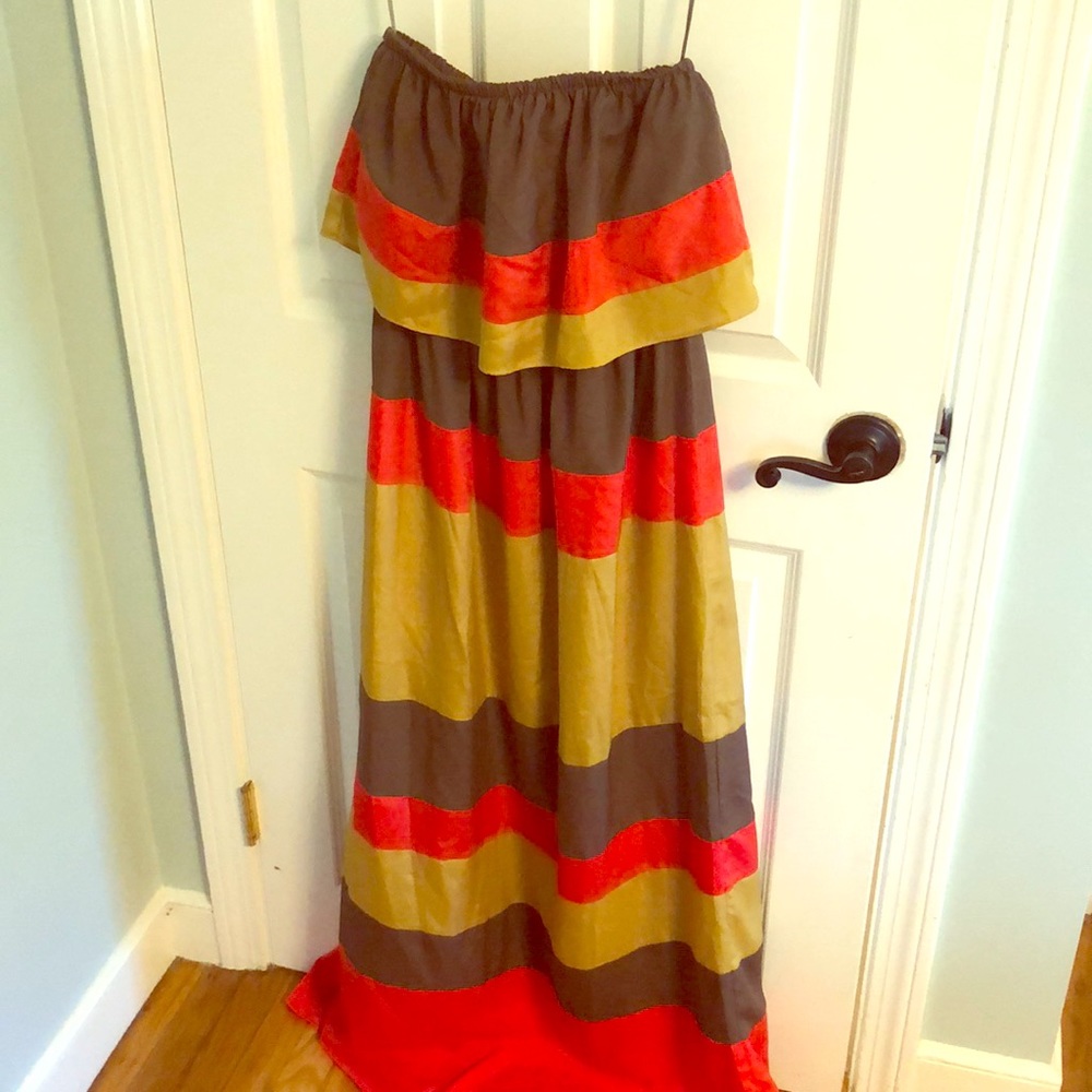 Strapless, striped maxi dress